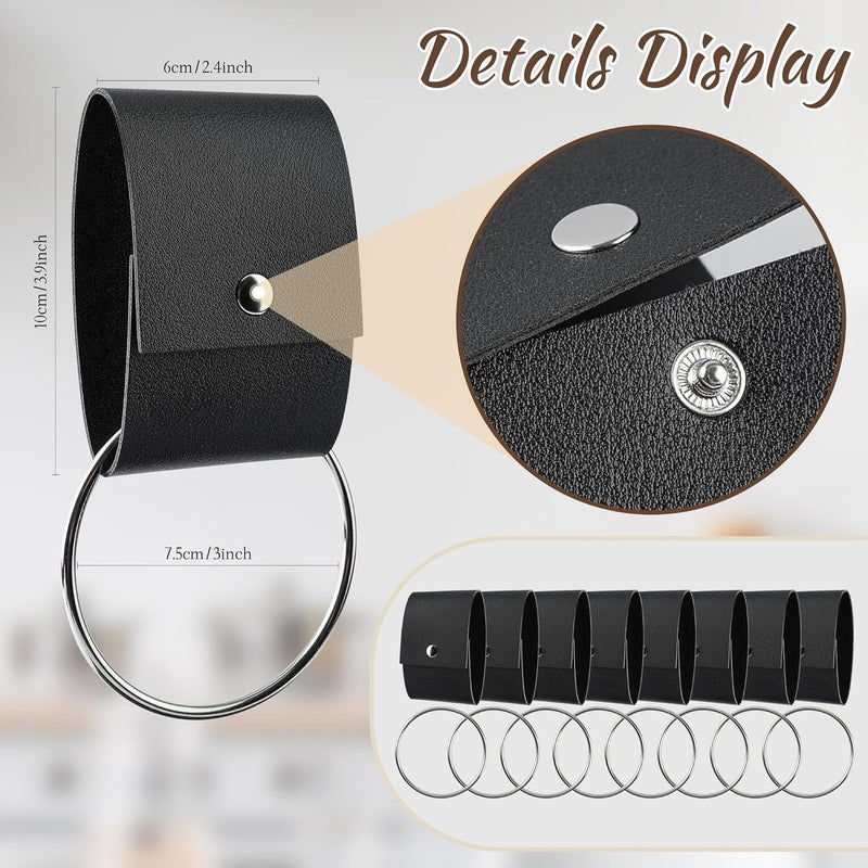 MISAKTEAM 8 PCS Leather & Metal Towel Ring Holder for Kitchen Dish Towels Holder with Loop Oven Door Hanger Gifts for Farmhouse Home Decor(Black) - Image 2